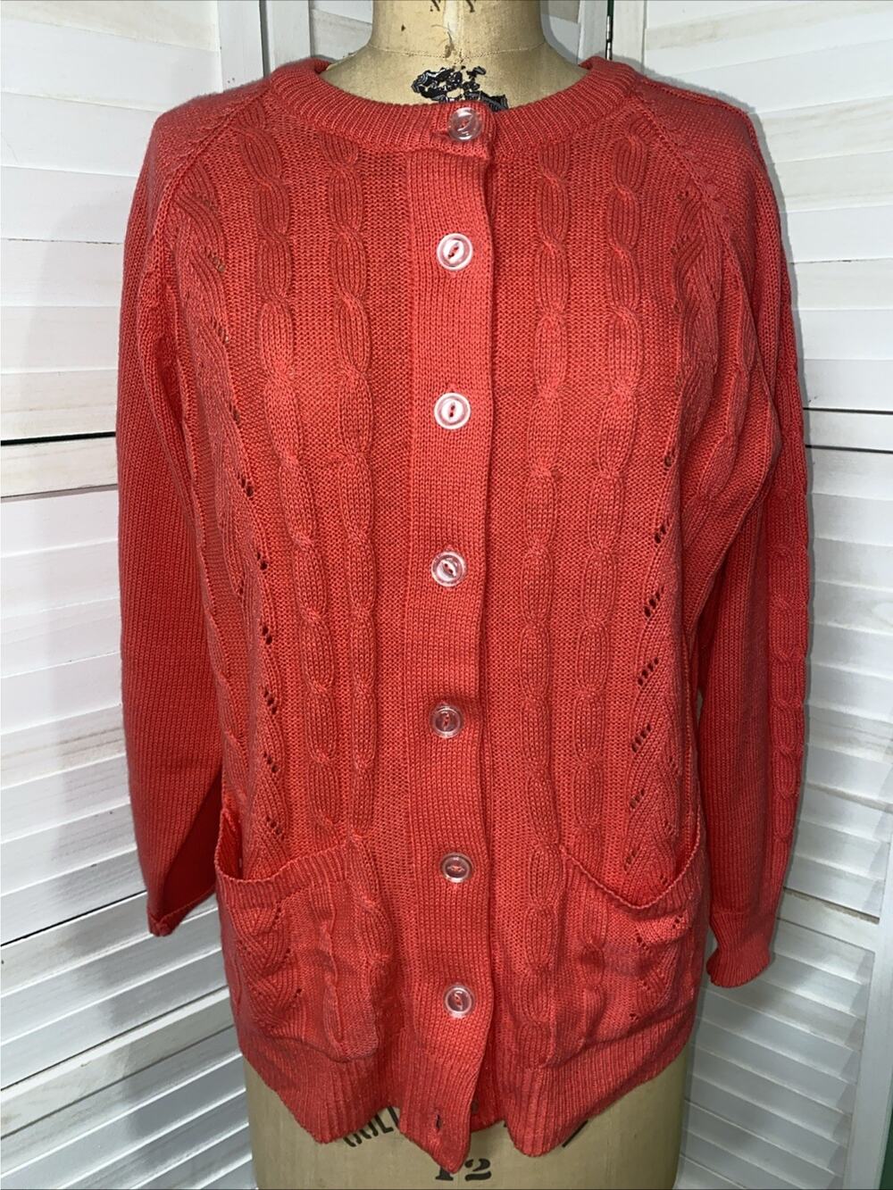 80s Harrington Park Salmon Orange Knit Button Front Cardigan Sweater Sz Large